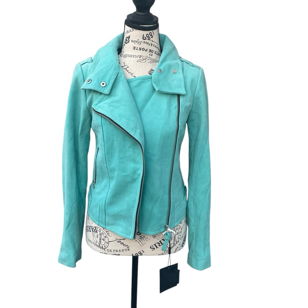 Makage Montreal Teal,‎ Suede Leather Moto Jacket, Size XXS, NWT, Flaw